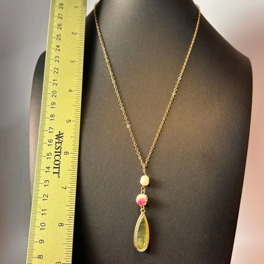 Pendant Necklace Gold Green Teardrop Floral Rose Bead Cottagecore Whimsygoth